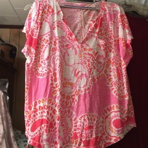 Lilly Pulitzer XL V neck top pink white yellow